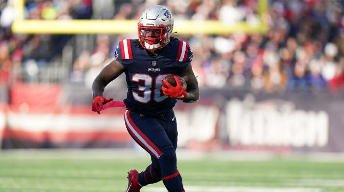 Nov 20, 2022; Foxborough, Massachusetts, USA; New England Patriots running back Rhamondre Stevenson (38) runs the ball against the New York Jets in the first half at Gillette Stadium.